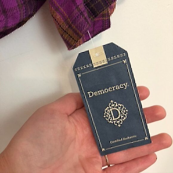 NEW NWT DEMOCRACY Long Sleeve Ruffle Neckband Plaid Button Down Shirt Purple S - Picture 8 of 13